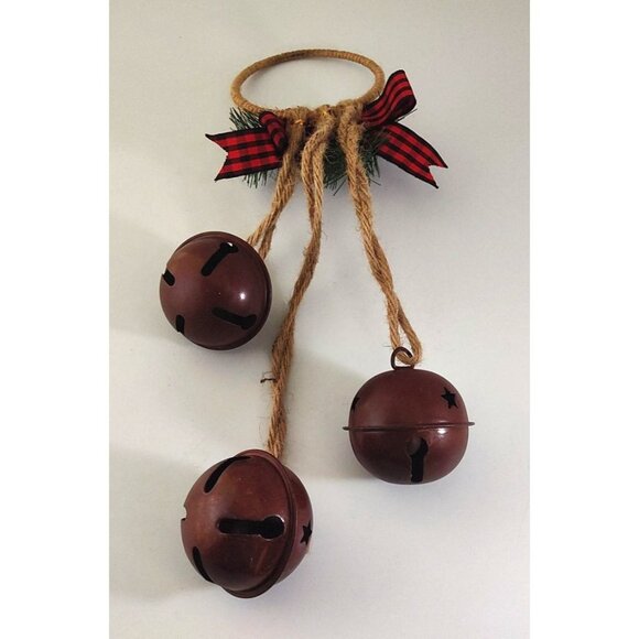 Rustic Jingle Bell Christmas Door Hanger With Pinecones & Plaid Ribbon - Picture 4 of 7